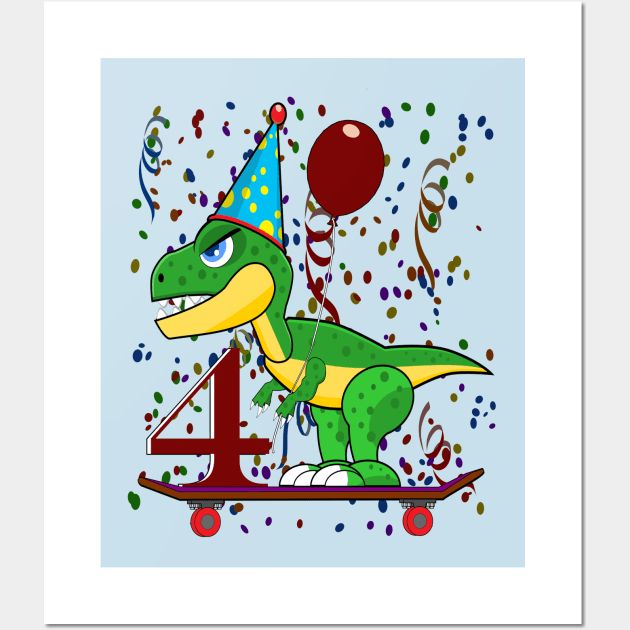 Kids Four 4 Years Old Dinosaur Birthday Wall Art by Mindseye222